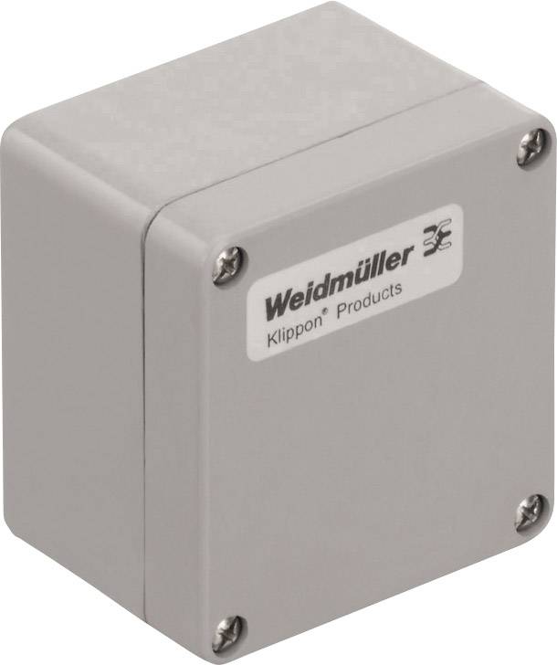 Graues, rechteckiges Gehäuse der Marke 'Weidmüller Klippon Products' mit vier Schrauben, oft in der Elektrik verwendet.