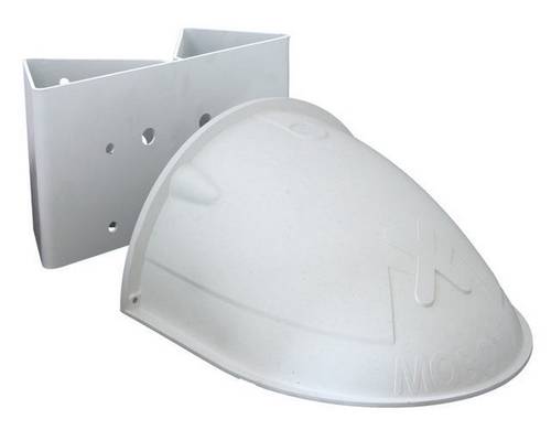 Weiße, halbkugelförmige Plastikabdeckung vor rechteckiger Halterung mit Löchern, möglicherweise für Befestigungszwecke.