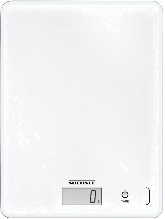 Weiße digitale Küchenwaage mit Anzeige '0 g', Markenname 'Soehnle', ein Taster sichtbar.