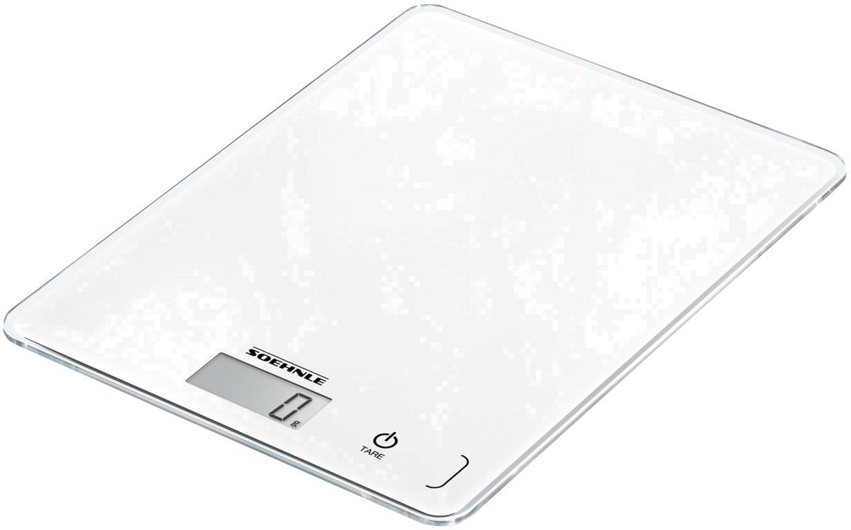 Elektronische Küchenwaage mit digitalem Display zeigt '0' Gramm an. Weiße, rechteckige Oberfläche mit Touch-Bedienung.