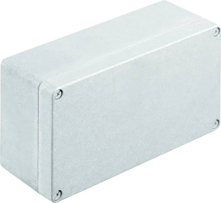 Rechteckiges, graues Metallgehäuse mit abgerundeten Kanten, befestigt durch Schrauben an jeder Ecke. Geeignet für elektronische Bauteile.