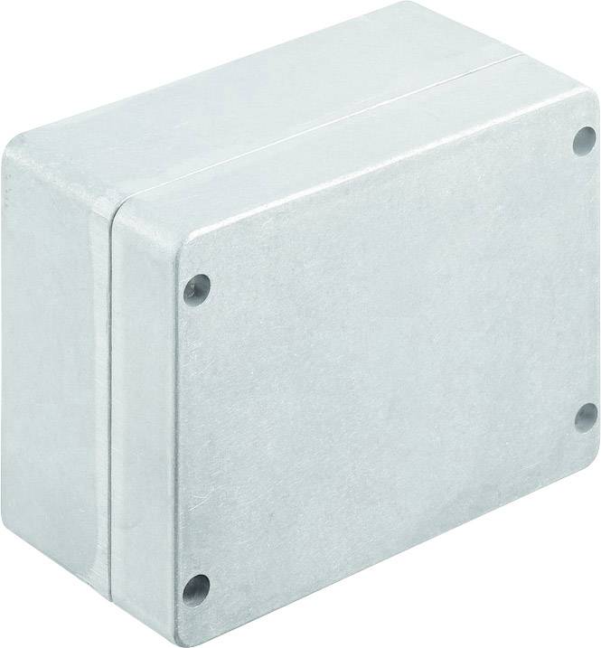 Metallischer Kasten, vermutlich eine wasserdichte Anschlussdose, mit vier Schrauben zur Befestigung, in neutralem Hintergrund.