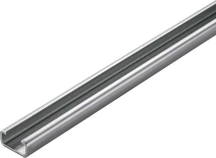 Metallischer U-Profil-Balken, silberfarben, in diagonaler Ansicht, zeigt die gerade Länge und die U-Form der Struktur.