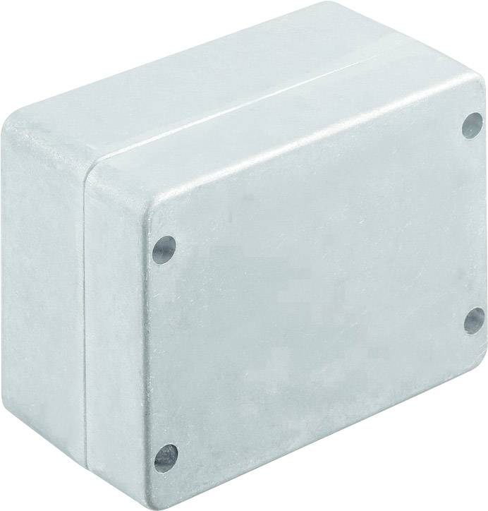 Rechteckiges, silbernes Metallgehäuse mit abgerundeten Kanten und vier Schraubenlöchern an den Ecken.