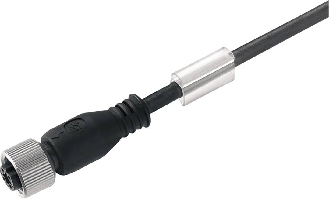 Schwarzes, robustes Elektronikkabel mit steckbarem Anschluss und Metallgewinde, geeignet für industrielle Anwendungen.