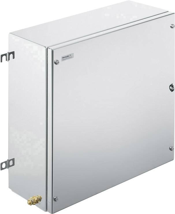 Metallener Schaltkasten mit glänzender Oberfläche, Wandbefestigungswinkel und einem kleinen Anschluss an der Unterseite.