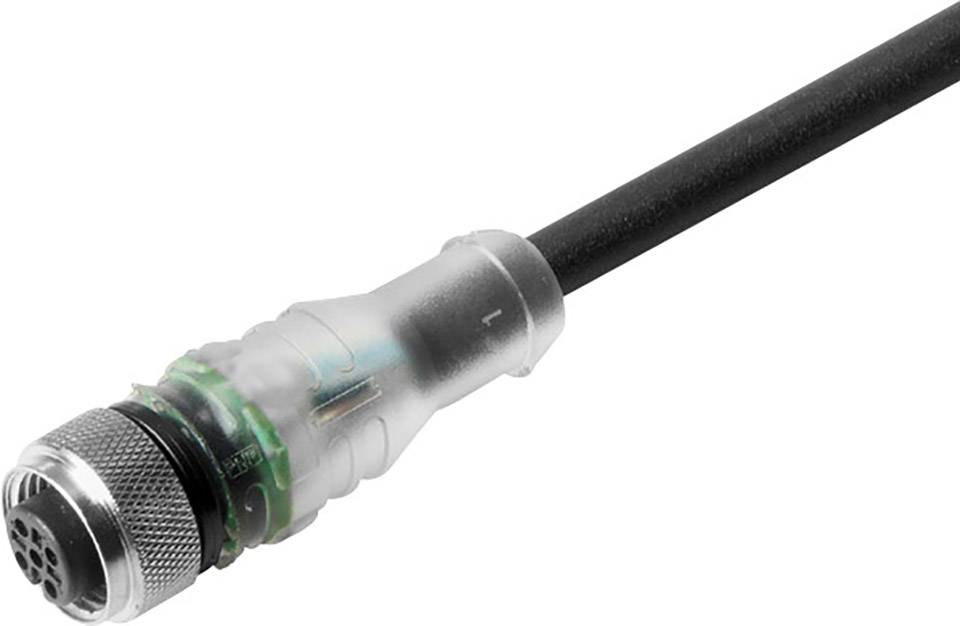 Ein schwarzes Kabel mit einem runden, metallischen Stecker, geeignet für Industrieanwendungen, mit transparenter Ummantelung am Stecker.