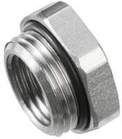 Metallische Sechskantmutter mit Gewinde und Gummidichtung. Dient zur Befestigung und Abdichtung, häufig in mechanischen Anwendungen.