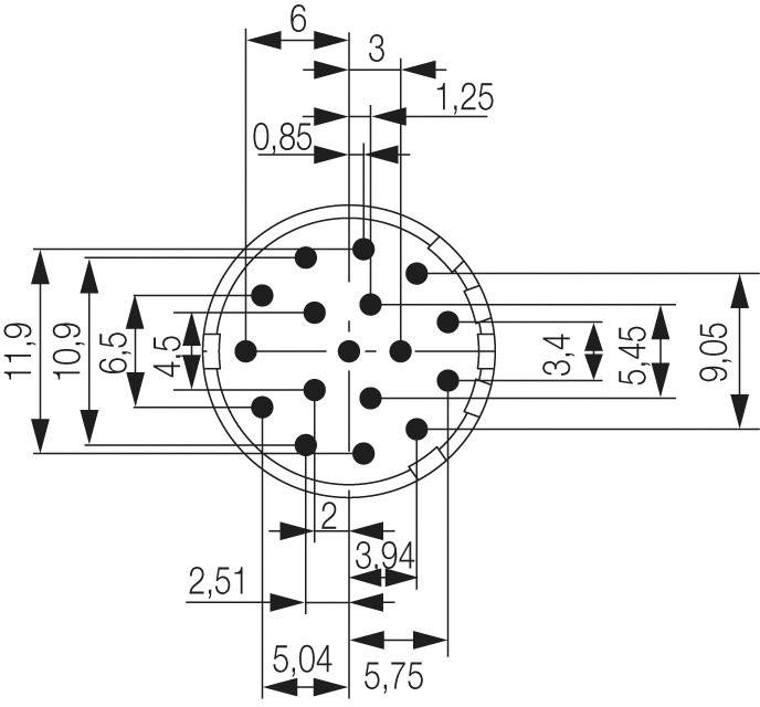 Technische Zeichnung eines Steckverbinders mit kreisförmigem Layout und Beschriftungen zu Abständen und Durchmessern in Millimetern.
