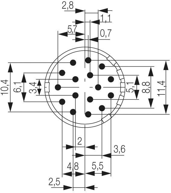Technische Zeichnung eines Steckverbinders mit Abmessungen in Millimetern. Anzahl, Durchmesser und Position der Stifte sind angegeben.