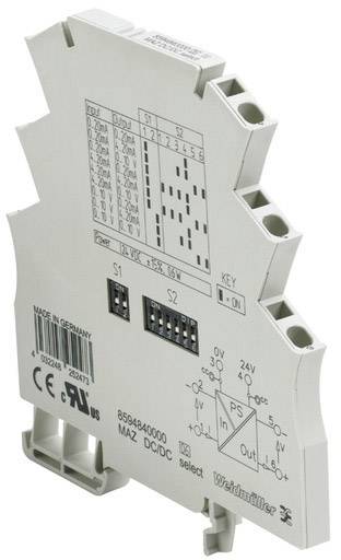 Ein elektronisches Modul mit Anschlussklemmen und Beschriftungen, darunter 'MAZ DC/DC', hergestellt in Deutschland, Marke Weidmüller.