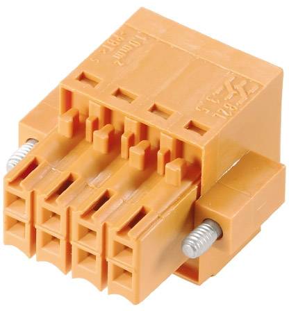 Ein orangefarbener Steckverbinder mit mehreren Steckplätzen und zwei silbernen Schrauben an jeder Seite.