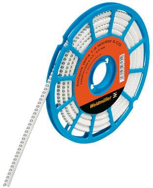 Kabelmarkierer auf einer blauen Spule von Weidmüller, mit weißen Nummernblöcken zur Identifikation.