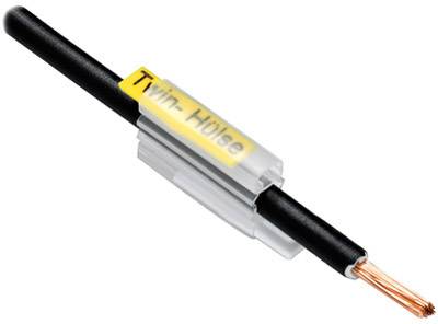 Ein schwarzes Kabel mit freiliegenden Kupferdrähten an einem Ende. Das Kabel hat eine transparente Halterung mit der Aufschrift 'Twin-Hülse'.