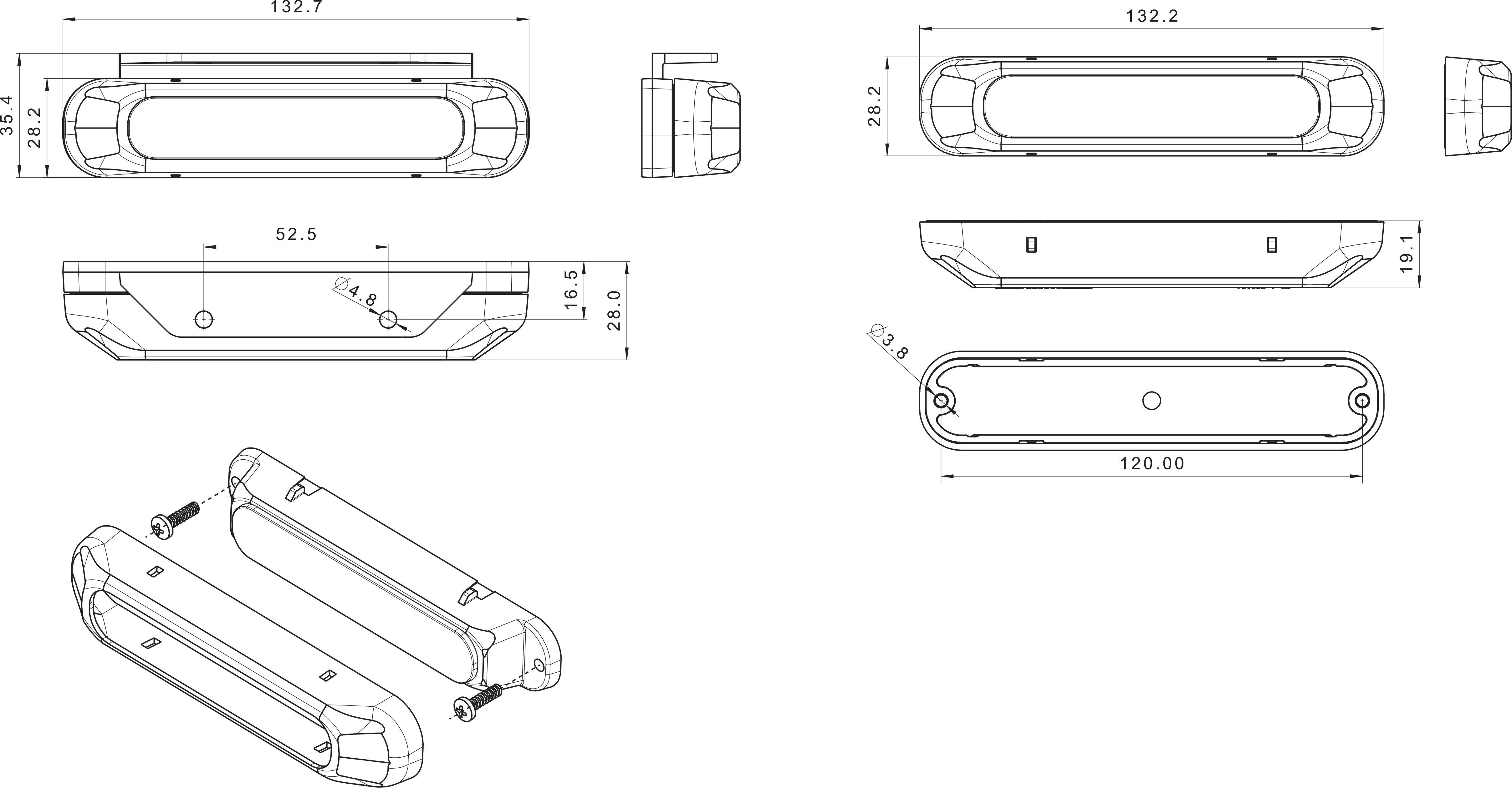Technische Zeichnung eines rechteckigen Geräts mit Abmessungen in Millimetern. Zeigt Vorder-, Seiten- und Draufsicht.