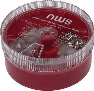 Runde, rote Box mit durchsichtigem Deckel. Enthält isolierte Aderendhülsen in verschiedenen Größen, sichtbar durch den Deckel.