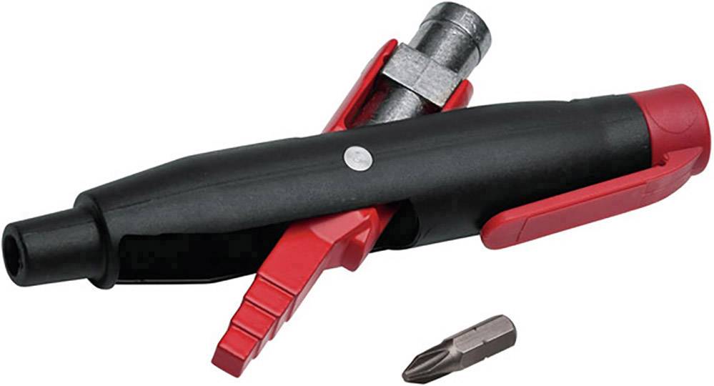 Druckluft-Meißelhammer mit rotem und schwarzem Gehäuse, liegt auf der Seite, daneben ein separater Schraubbit.
