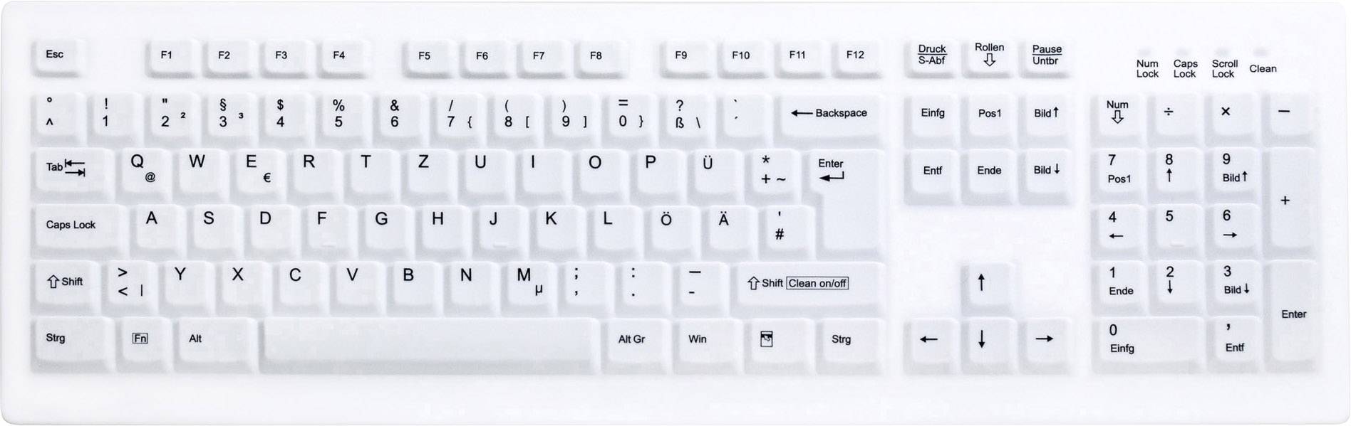 Active Key AK-C8100F Medical Key Funk Hygiene-Tastatur Deutsch, QWERTZ Weiß Silikonmembran, Geeignet f. Wischdesinfektion nach DGHM/VAH