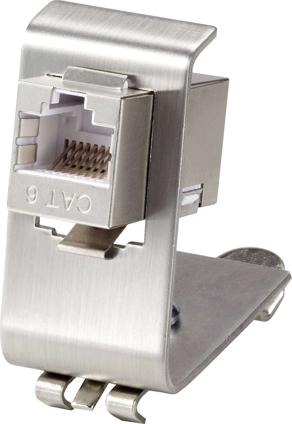 Metallischer RJ45-Datenkabelanschluss, Kategorie 6, geeignet zur Wandmontage, zeigt Pins für Ethernet-Verbindungen.