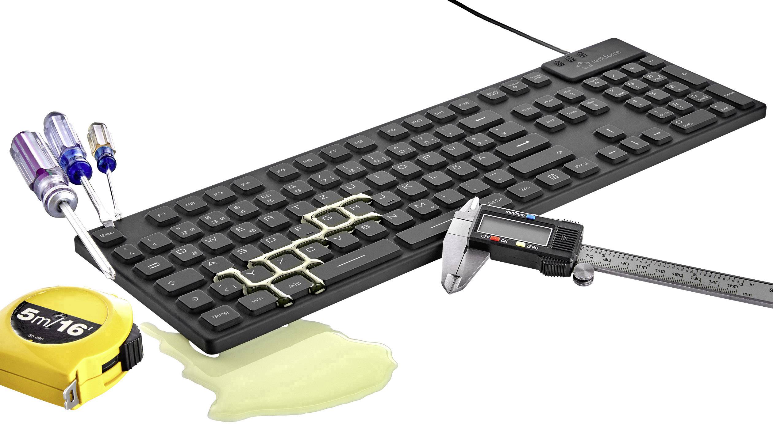 Renkforce RF-3561816 USB Tastatur Deutsch, QWERTZ Schwarz Silikonmembran vollversiegelt IP68