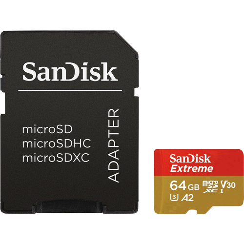 Carte microSDXC SanDisk Extreme™ 64 GB Class 10, UHS-I, UHS-Class 3, v30 Video Speed Class Standard de puissance A2