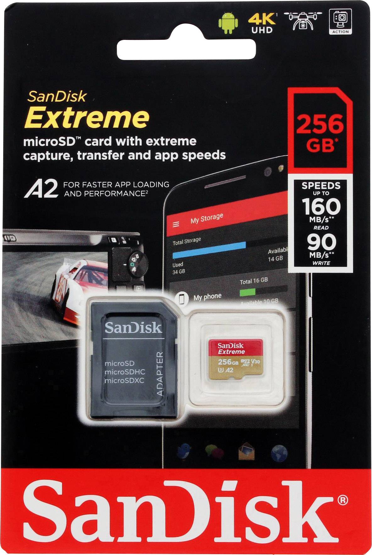 SanDisk Extreme™ microSDXC-Karte 256 GB Class 10, UHS-I, UHS-Class 3, v30 Video Speed Class A2-Leistungsstandard