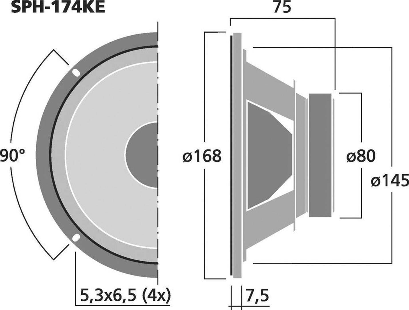Lautsprecher-Schnittzeichnung mit Maßen: Durchmesser 168 mm, Tiefe 75 mm, Montagemöglichkeiten durch vier 5,3x6,5 mm Löcher.