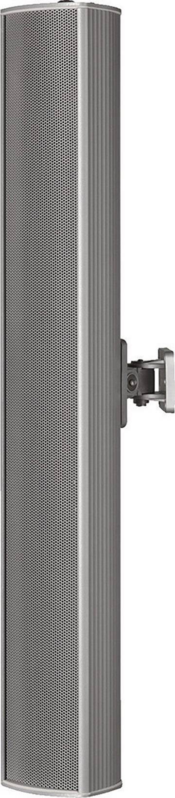 Silbergrauer, schlanker Lautsprecher in zylindrischer Form, an einer Wandhalterung befestigt. Geeignet für dezente Audioanwendungen.