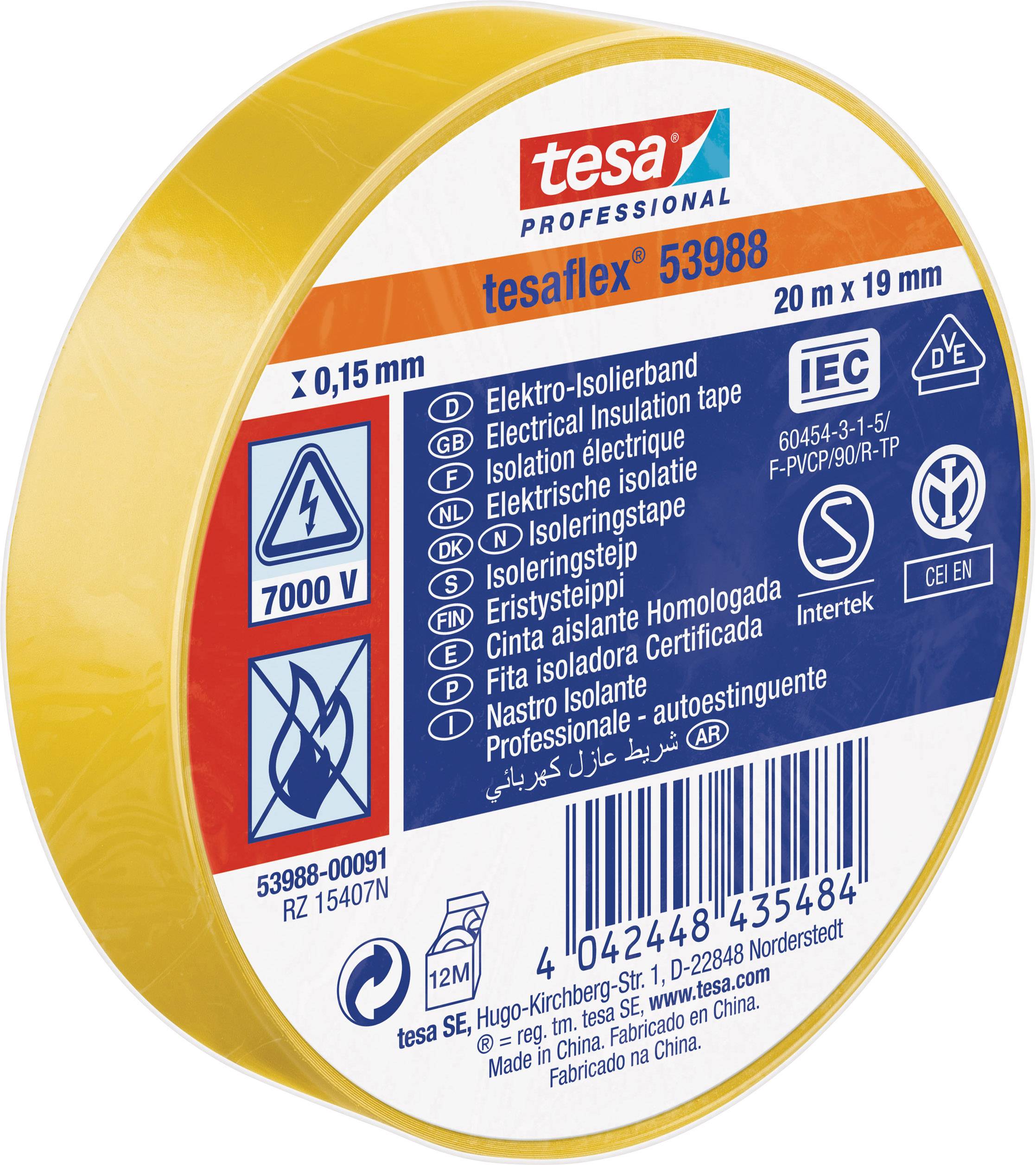 Gelbes tesa Elektro-Isolierband, 20m x 19mm. Details: '7000 V', 'IEC 60454-3-1-2/F-PVC/P90', CE-Kennzeichnung.