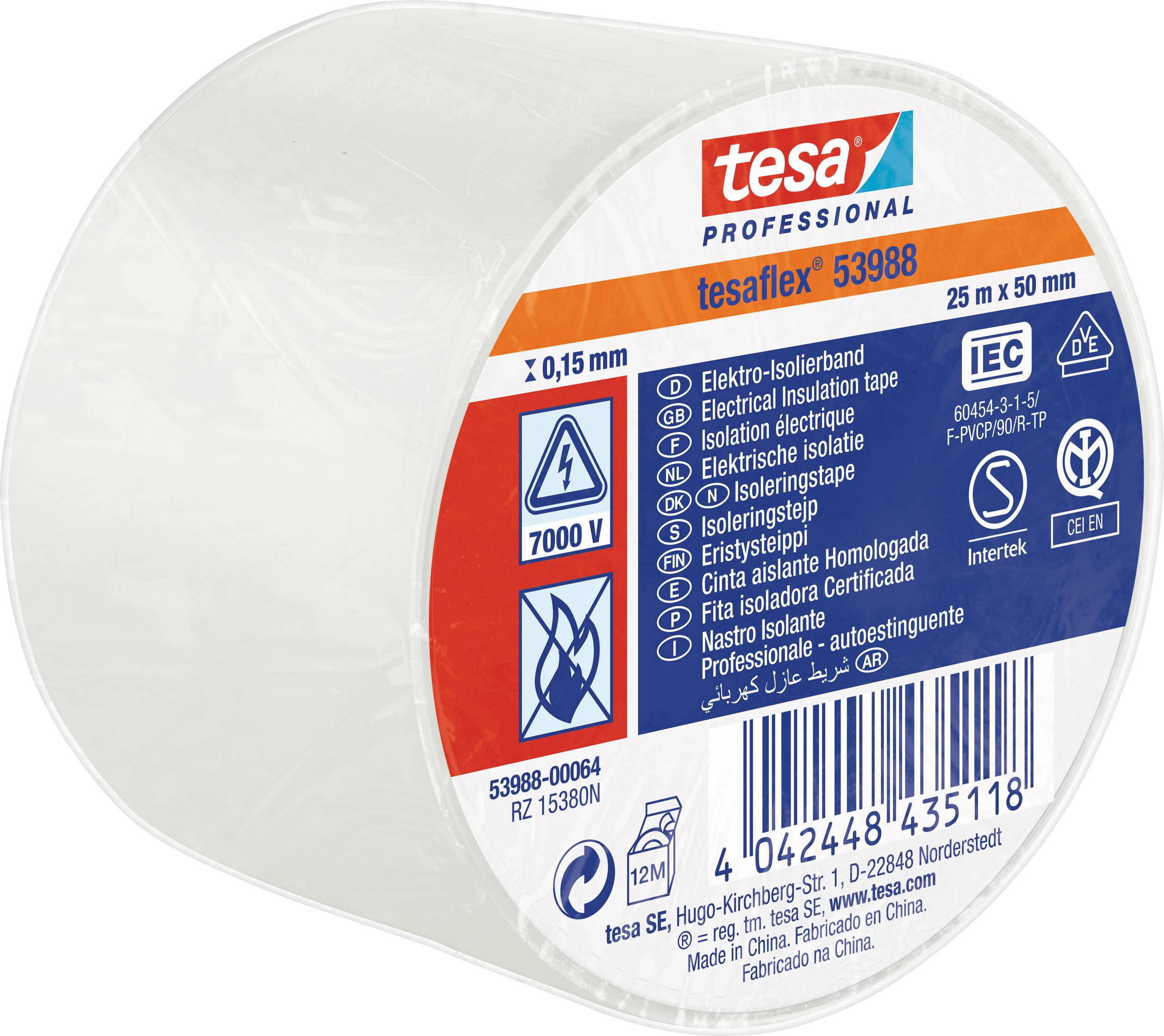 Klebeband 'tesaflex 53988', 25 m x 50 mm, Elektro-Isolierband, 7000 V, weiß, mit mehreren Produktinformationen und Sicherheitssymbolen.