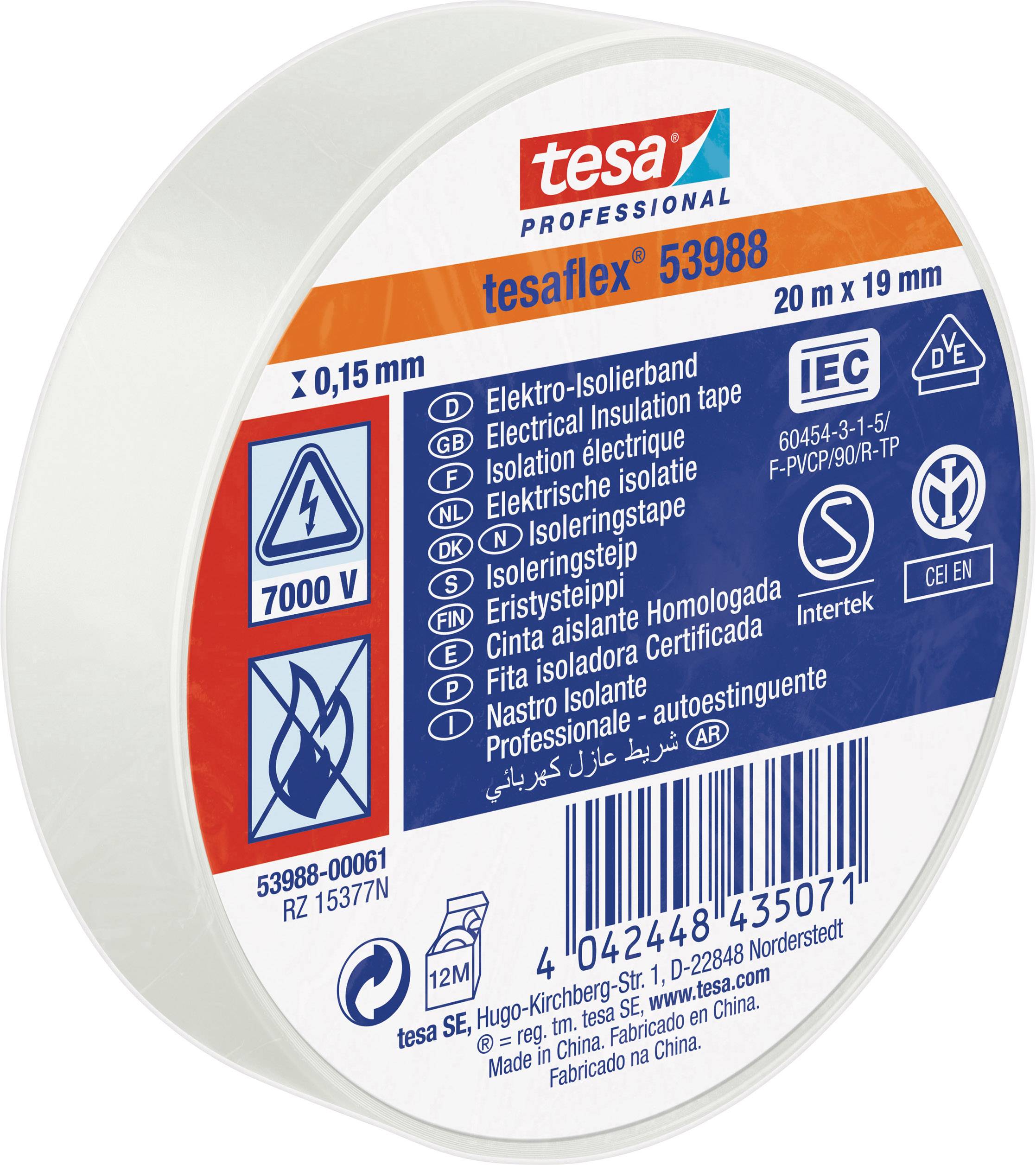 Elektrisches Isolierband von tesa, Modell 53988, Maße 20 x 19 mm, 0,15 mm dick, mit CE- und IEC-Kennzeichnung, Flammenwiderstand.