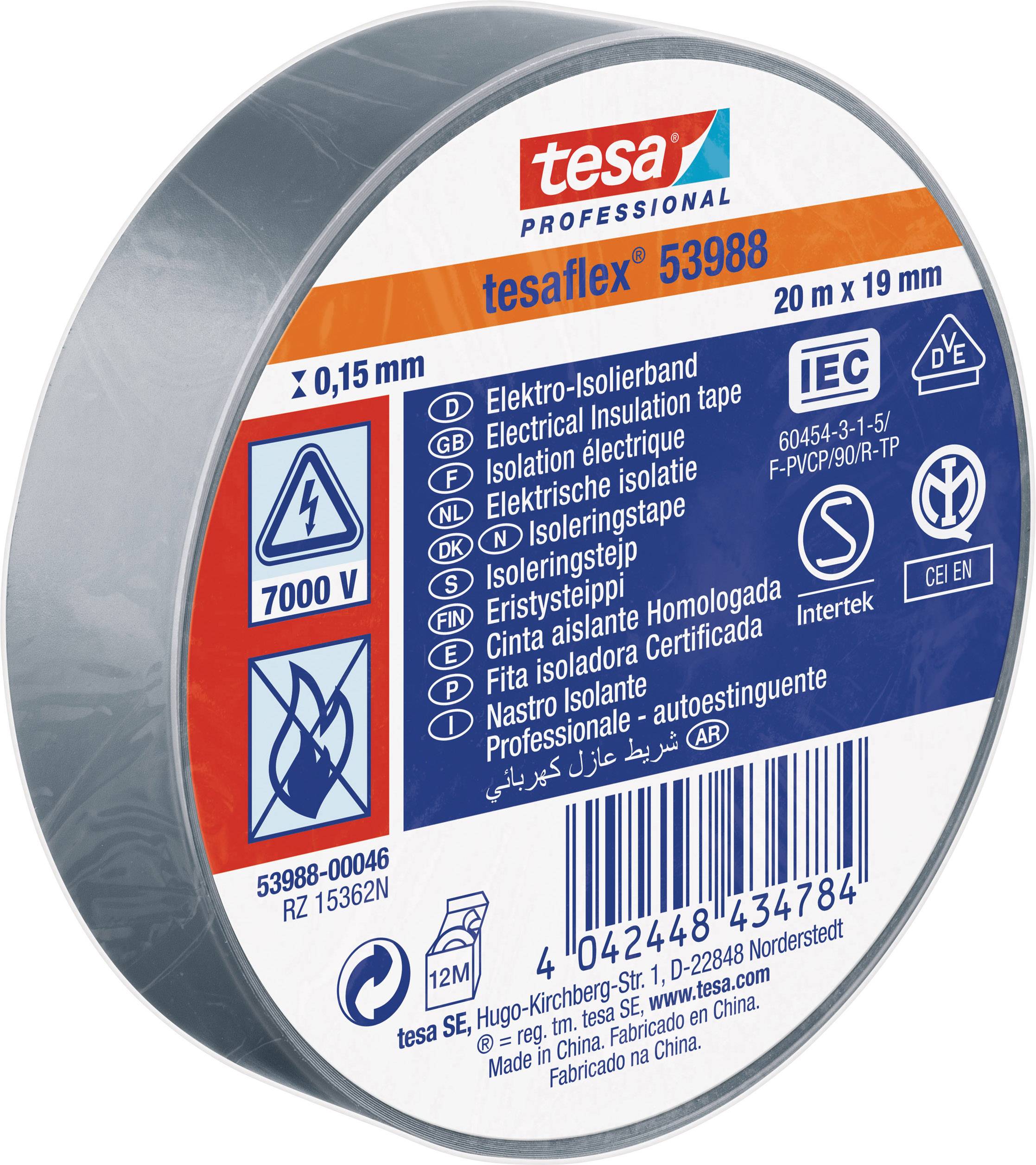 Eine Rolle graues Isolierband von Tesa, Länge 20 m, Breite 19 mm, geeignet für elektrische Isolierung.