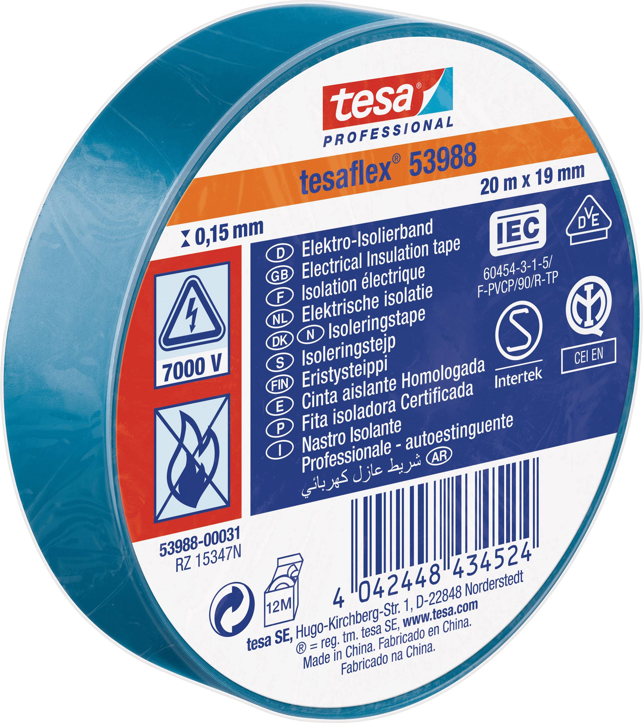 Elektro-Isolierband, blau, 20 m x 19 mm, für elektrische Isolierung. Aufdruck: '7000 V', 'tesaflex 53988'.