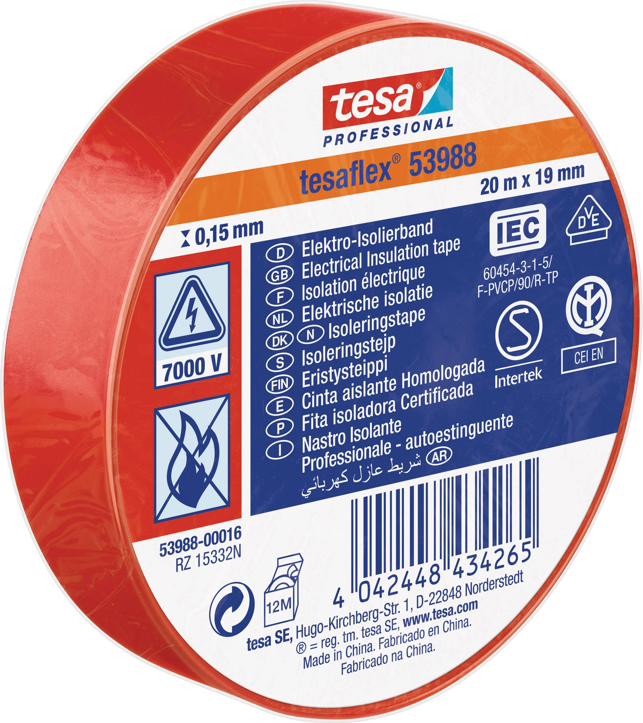 Rolle rotes Isolierband 'tesa 53988', 20 m x 19 mm, elektrische Isolation, Prüfzeichen, Eignung für IEC- und EN-Normen.