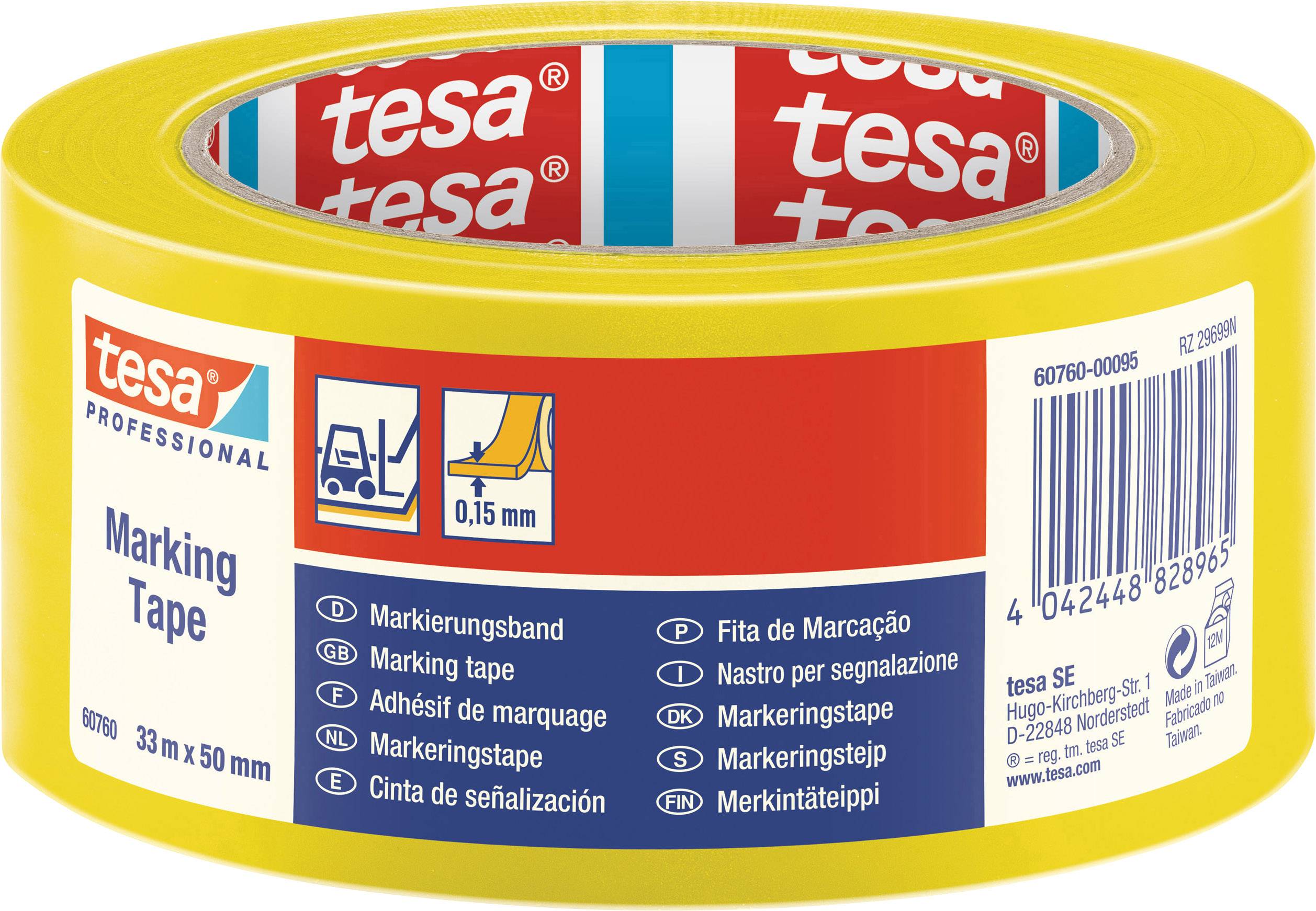 Gelbes Markierungsband von Tesa, 33 Meter x 50 mm, auf der Verpackung ist ein Symbol mit der Aufschrift '0,15 mm' zu sehen.