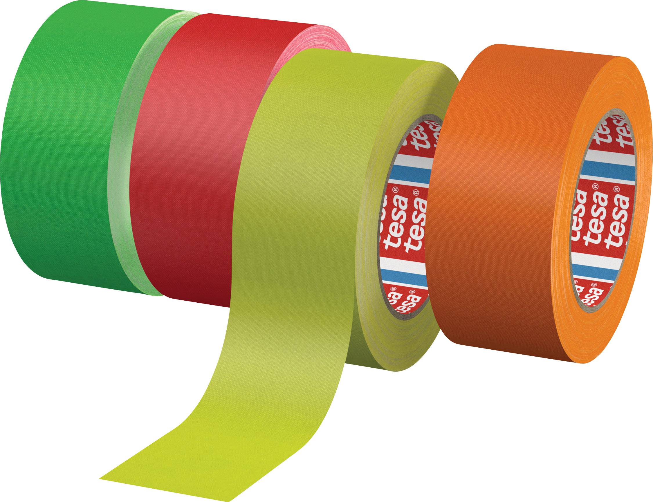 Vier bunte Klebebänder in Grün, Rot, Gelb und Orange, nebeneinander aufgereiht mit einem heraushängenden gelben Streifen.