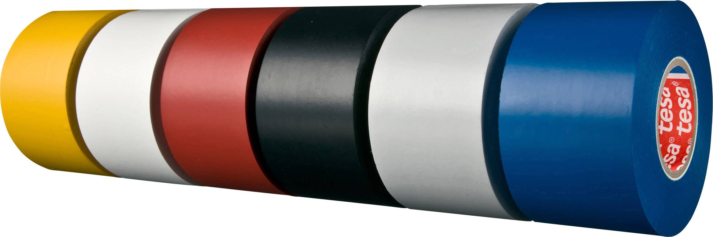 Sechs Rollen Isolierband in den Farben Gelb, Weiß, Rot, Schwarz, Grau und Blau liegen horizontal nebeneinander.