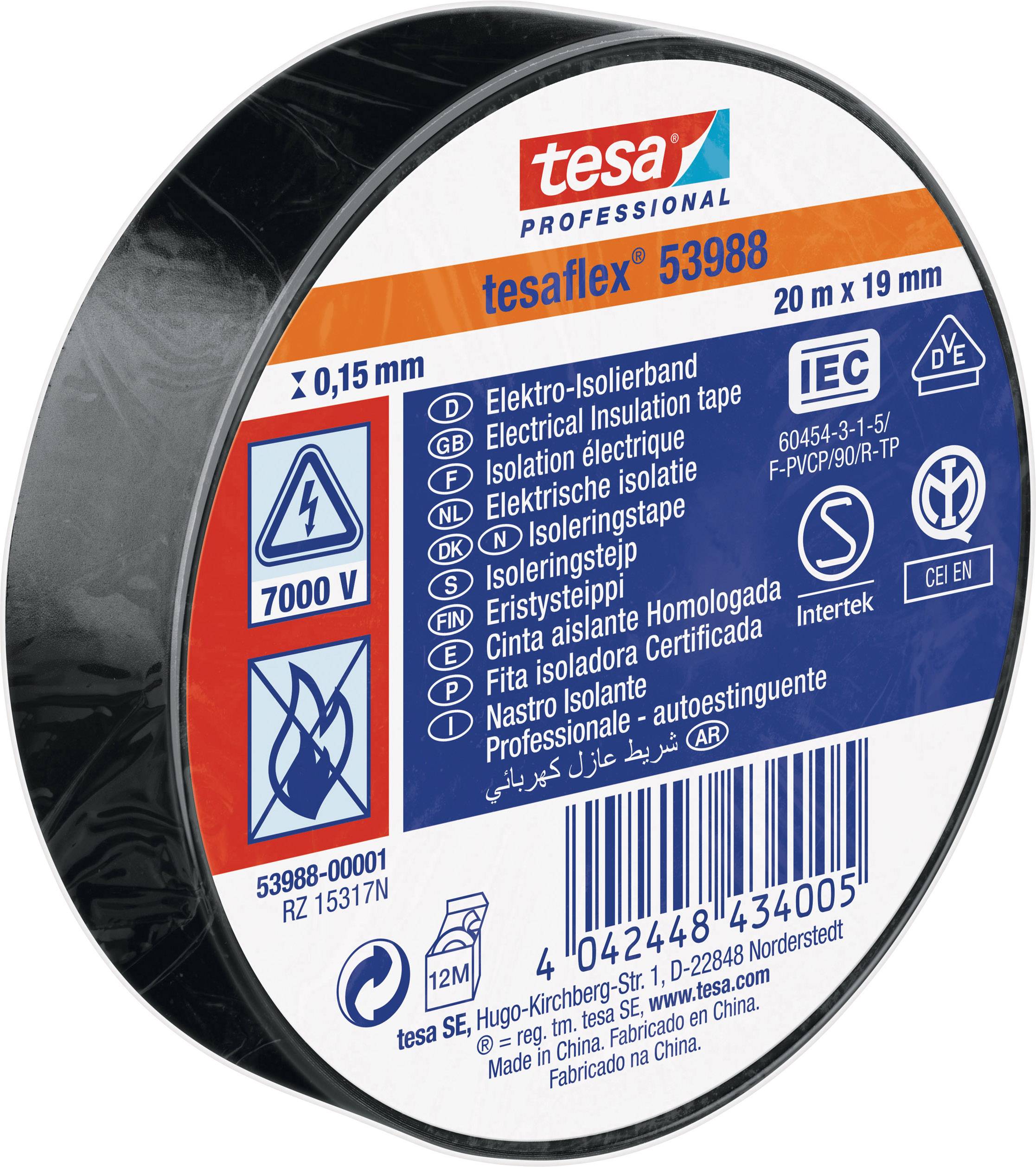 Rolle schwarzes Elektro-Isolierband, Marke 'tesaflex', 20m x 19mm, mit Zertifizierungssymbolen und Warnhinweisen auf der Verpackung.
