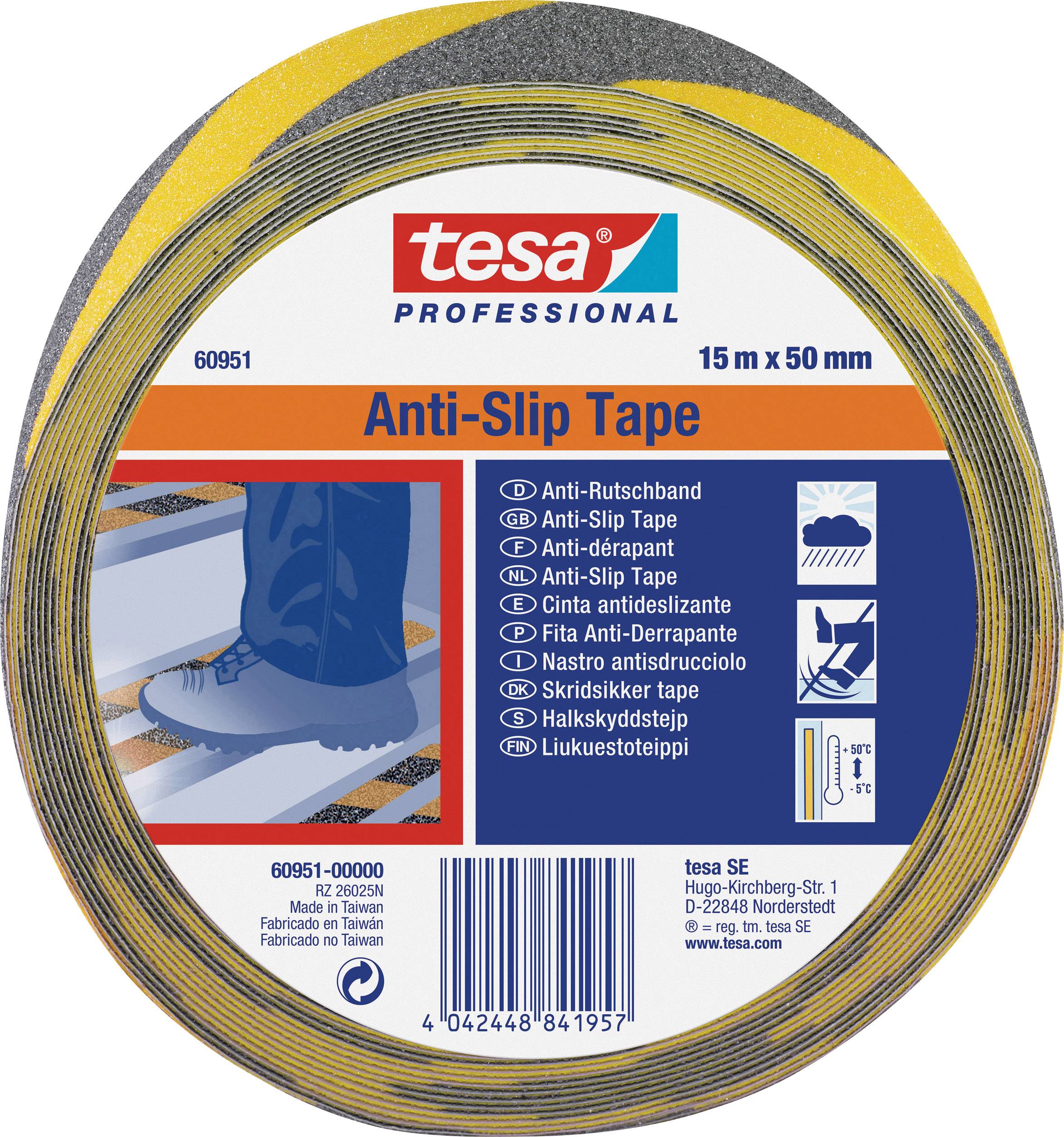 Anti-Rutschband von tesa, 15 m x 50 mm. Geeignet für rutschfeste Oberflächen, zeigt Anwendung auf Treppenstufe.