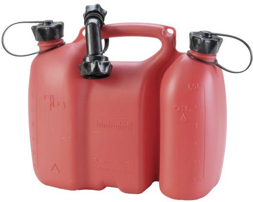 Zwei rote Benzinkanister mit schwarzen Deckeln, verbunden durch einen Tragegriff, einer größer für 5 Liter und der andere für 1,5 Liter.