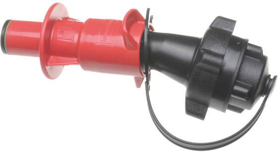 Ein roter und schwarzer Tülleinsatz für Kraftstoffkanister, mit Schutzkappe und Verschlussmechanismus.