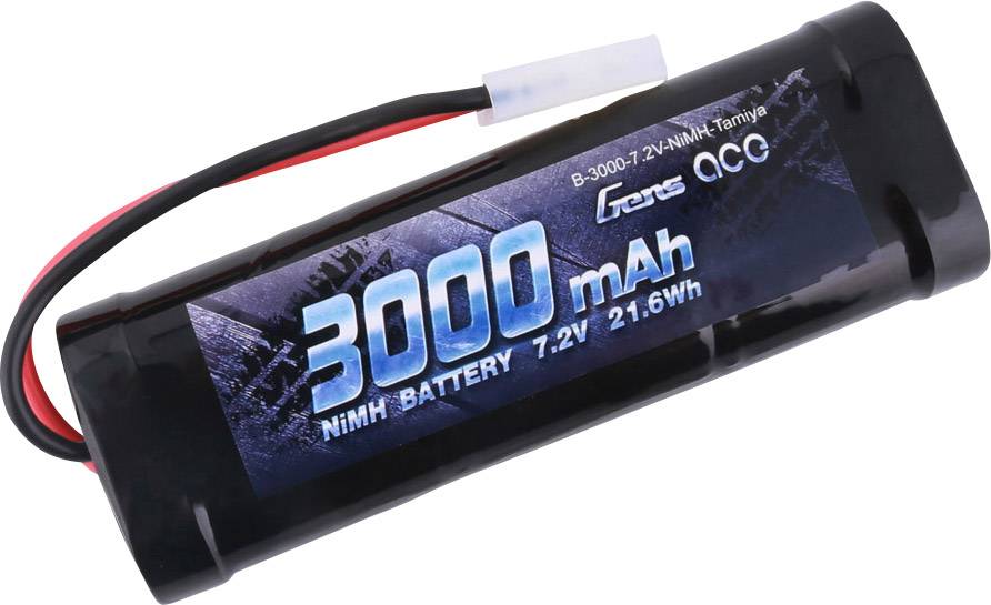 Ein wiederaufladbarer Akku mit der Aufschrift '3000 mAh 7.2V NIMH BATTERY'. Schwarzes Gehäuse mit roten und schwarzen Kabeln.