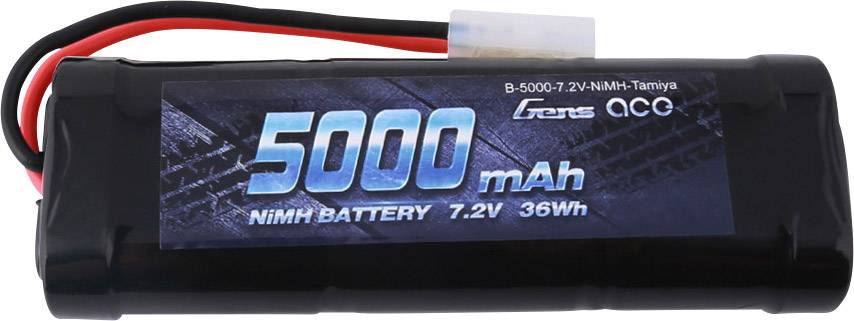 Schwarzer NiMH-Akku mit blauem Aufdruck '5000 mAh', Spannung 7,2V und Energie 36Wh. Kabel und Steckverbinder sind sichtbar.