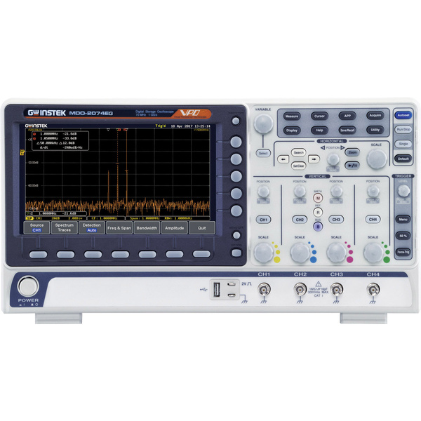 Oscilloscope numérique GW Instek MDO-2074EG 70 MHz 1 Géch/s 10 Mpts 8 bits mémoire numérique (DSO), analyseur de spectre