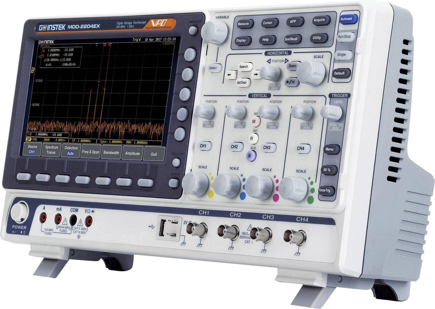 GW Instek MDO-2204EX Digital-Oszilloskop 200MHz 1 GSa/s 10 Mpts 8 Bit Digital-Speicher (DSO), Spectrum-Analyser