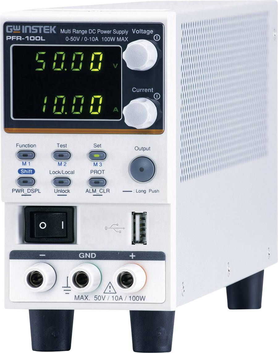 Ein Multi-Range-DC-Netzgerät mit einem Display, das 50,00 Volt und 10,00 Ampere anzeigt, Modell PFR-100L von GW Instek.