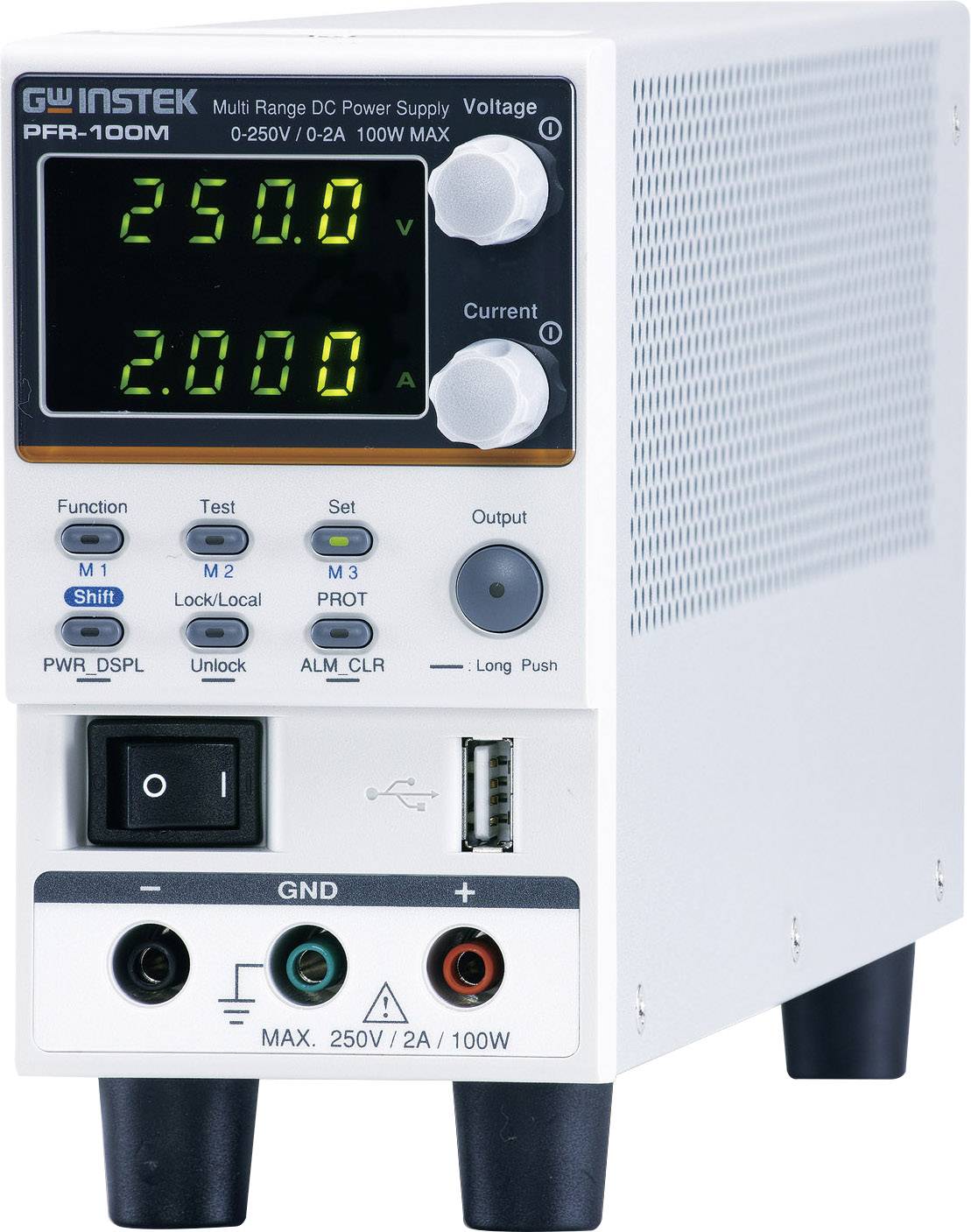 Ein digitales Netzgerät zeigt '250.0 V' und '2.000 A' auf seinem Display an. Es hat mehrere Druckknöpfe und Anschlüsse an der Vorderseite.