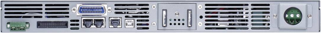 Rückseite eines Computers mit verschiedenen Anschlussmöglichkeiten, einschließlich Netzanschluss, USB- und Ethernet-Ports.