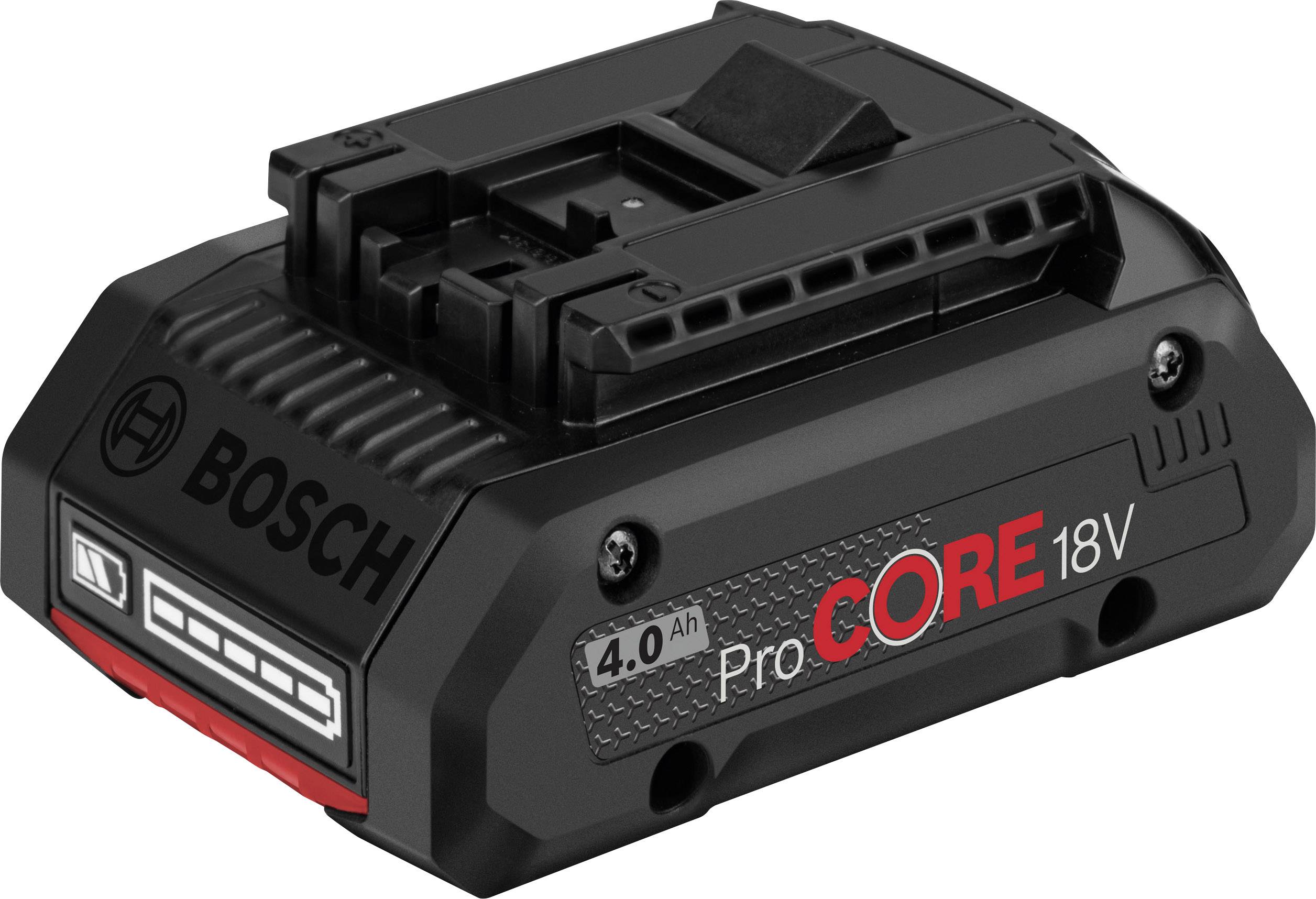 Ein Bosch ProCORE18V-Akku mit 4,0 Ah Kapazität. Schwarzes, kompaktes Design mit rotem Akzentelement auf der Seite.