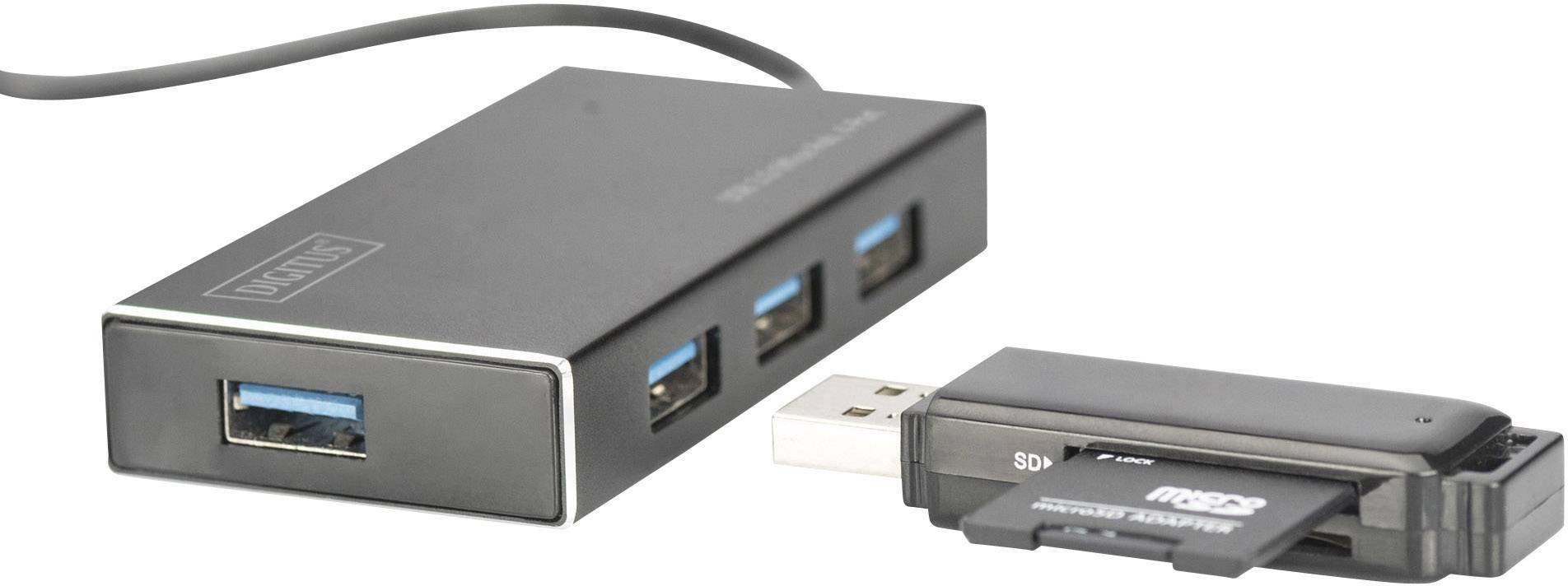 Ein schwarzer USB-Hub mit vier Anschlüssen, daneben ein USB-SD-Kartenadapter.